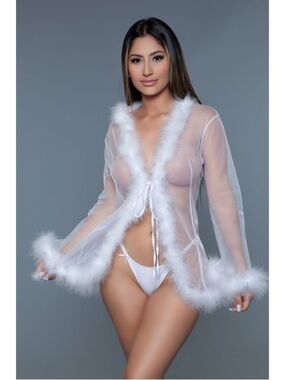 NWT Fur Lined Short Length Sheer See Through Robe White